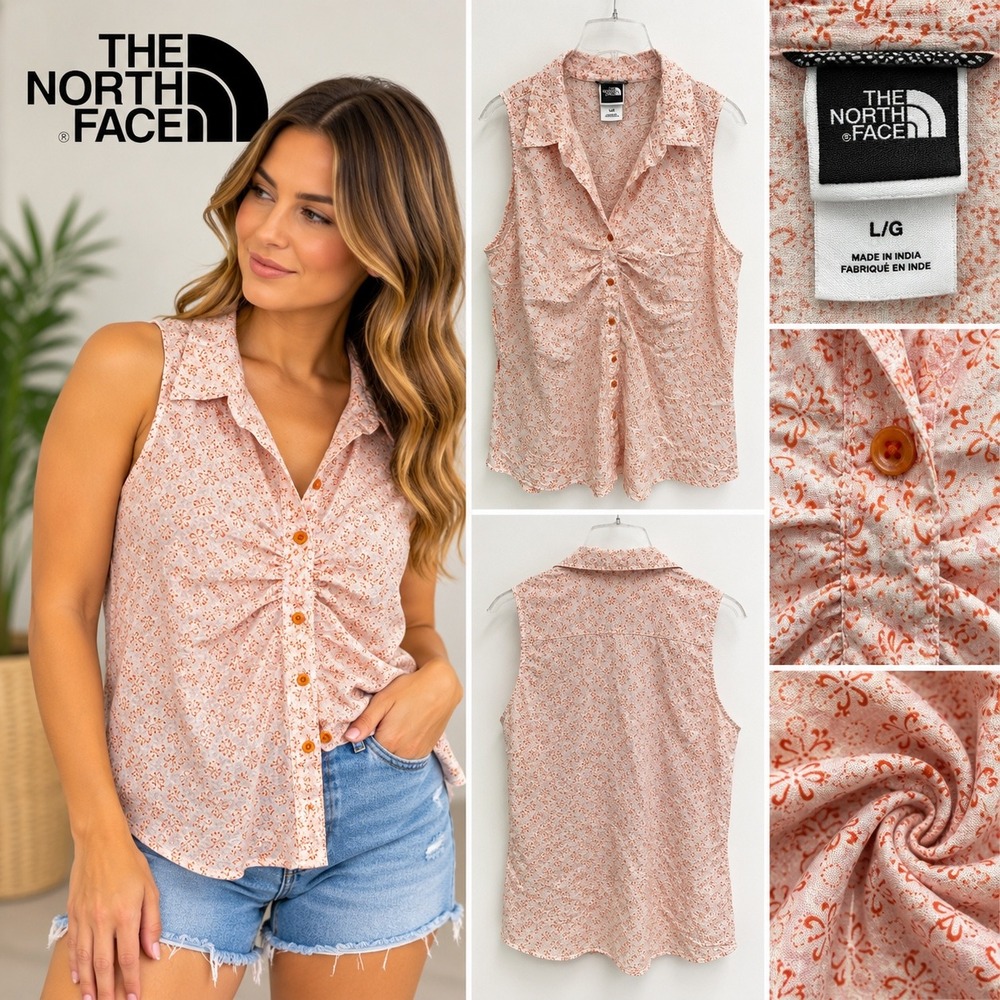 The North Face Womens Sleeveless Button Up Top Orange Floral Ruched Large